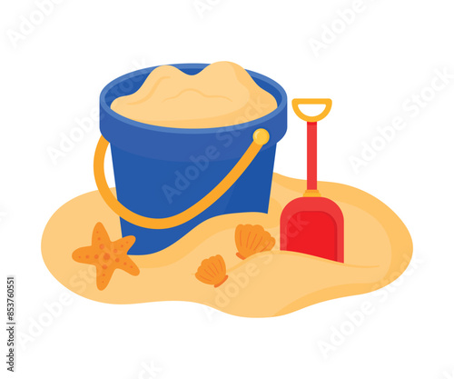 Blue sand bucket with starfish and clam vector illustration for kids summer beach holiday
