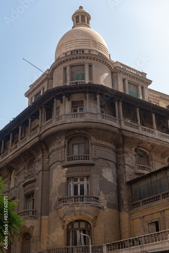 Classic Cairo architectural detail showing beautiful covered balconies and domed roof, historical buildings of downtown Cairo reflect its cosmopolitan past. Egypt. photo