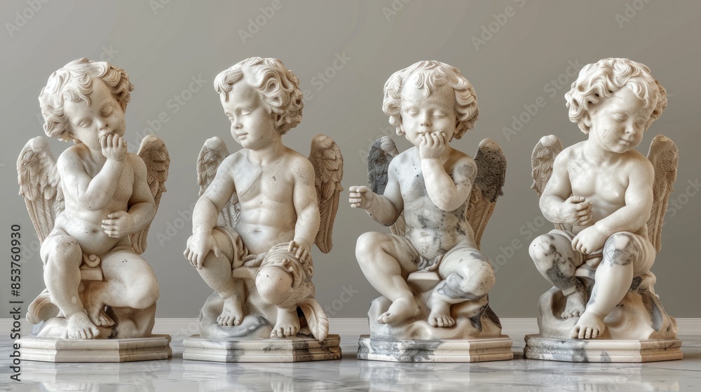 Obraz premium Set of marble cherub statues isolated on gray background