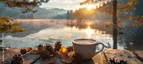 coffe with sunset backround , calm lake , plentu of trees photo