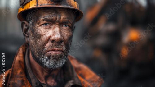A man with a dirty face and a yellow helmet. He looks tired and dirty. metal worker with protective workwear in steel mill, © Nataliia_Trushchenko