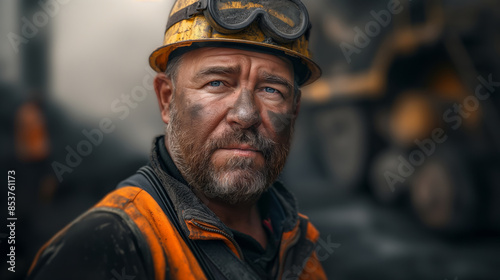 A man in a yellow helmet and goggles is standing in front of a pile of dirt. He is smiling and he is enjoying his work. metal worker with protective workwear in steel mill,