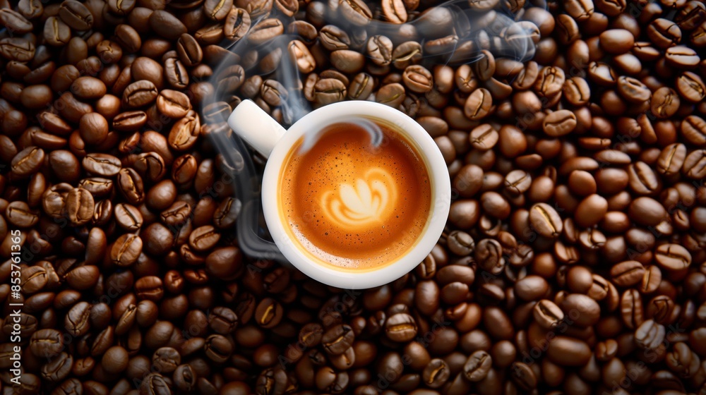Fototapeta premium White coffee, steam. Flat lay. Roasted beans as surface. Copy space. Cafeteria concept