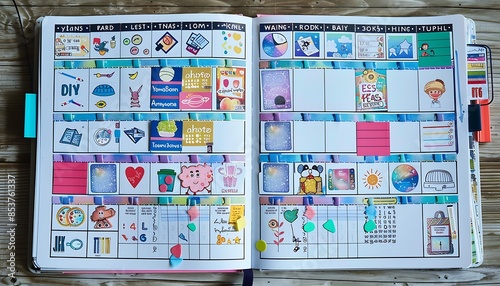 A studenta??s planner with colorful tabs and motivational stickers photo