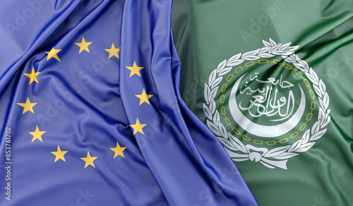 European Union and Arab League flags flowing together. 3D rendering