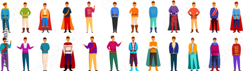 Prince character icons set. Set of prince characters posing in different poses wearing luxurious suits and golden crowns standing on white background