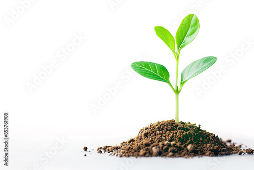 A small green plant sprout emerging from a pile of soil against a white background.  The image represents growth, new beginnings, and sustainability.
