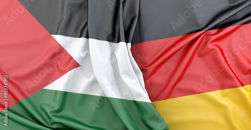 Flag of Palestine is touching the flag of Germany. 3D rendering