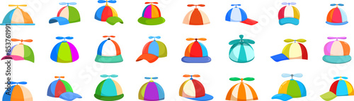 Cap propeller icons set. Collection of vibrant and playful propeller hats, showcasing a variety of styles and colors, ideal for adding a touch of whimsy and lightheartedness to designs