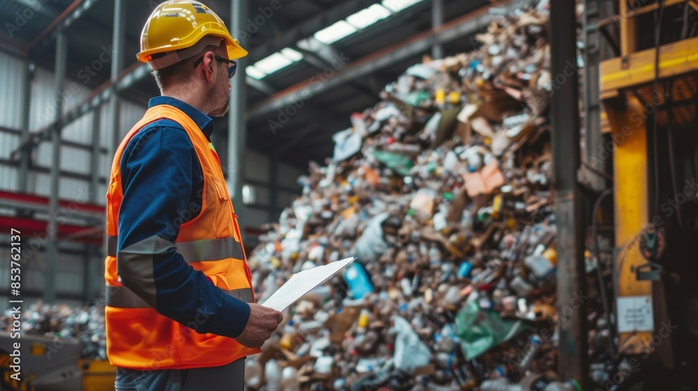 A foreman controls the separation of recycled waste at a recycling plant. Plastic bottle waste and other types of plastic waste A foreman controls the separation of recycled waste at a recycling plant. Plastic bottle waste and other types of plastic waste