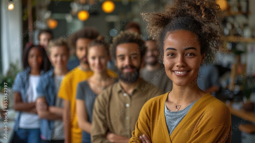 Front view, smiling, posing for the camera. Team of office workers are together indoors. Front view, smiling, posing for the camera. Team of office workers are together indoors.