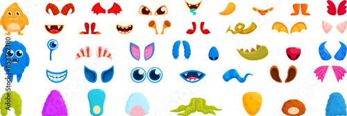 Monster creation icons set. Cartoon monster body parts set for creating funny faces and expressions, allowing for endless combinations and imaginative character designs
