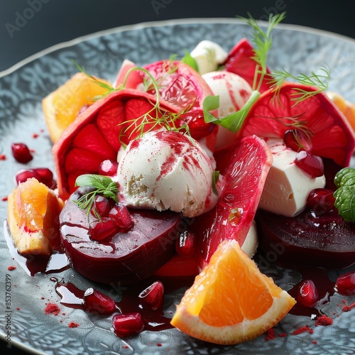 Baked Beet Salad, Red Salat with Sliced Beets, Citrus Fruits and Stracciatella, Grapefruit, Pomegranate