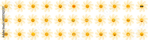 Chamomile smile icons set. Big set of yellow daisy flowers with different emotions expressing different feelings such as joy, sadness, anger, love, surprise and more