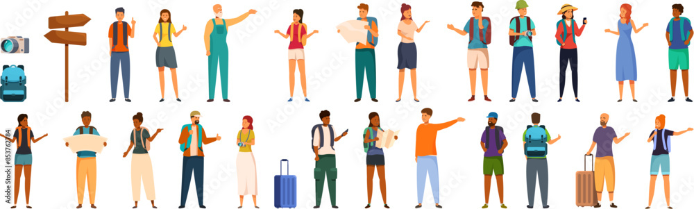 Fototapeta premium Tourist ask icons set. Diverse group of people traveling together, asking for directions, checking the map, taking pictures and enjoying their trip