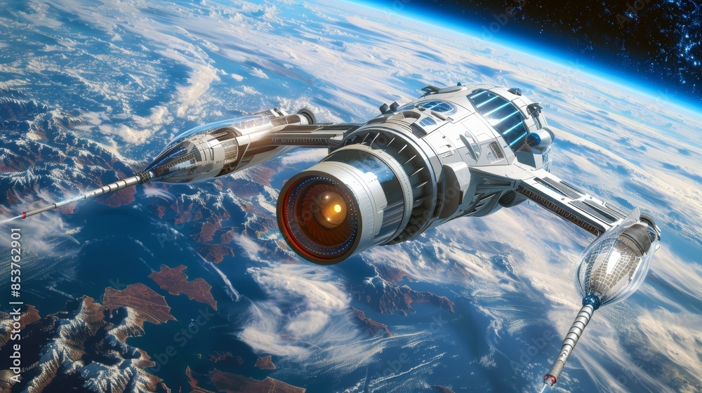 Photos of futuristic spaceships in the universe with the world as the background Photos of futuristic spaceships in the universe with the world as the background