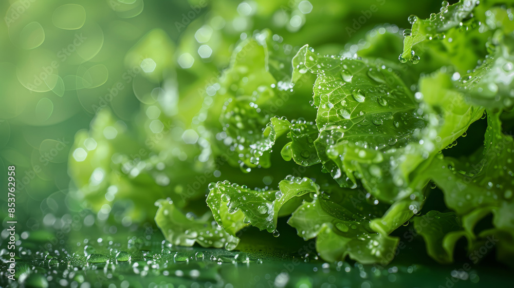 Close-up of fresh, wet green lettuce leaves. Close-up of fresh, wet green lettuce leaves.