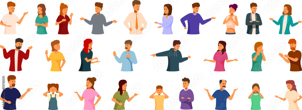 Couple argue icons set. Set of diverse people with different gestures, pointing, accusing Couple argue icons set. Set of diverse people with different gestures, pointing, accusing