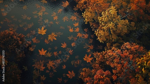 Stunning aerial view of serene water with floating autumn leaves surrounded by vibrant fall foliage in warm hues of orange and yellow. photo