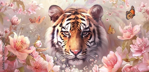 A tiger surrounded by flowers, in an oil painting style with rich details and bright colors. photo