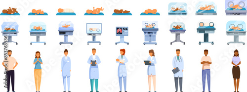 Incubator baby icons set. Set of doctors and nurses working in neonatal department, taking care of newborn babies