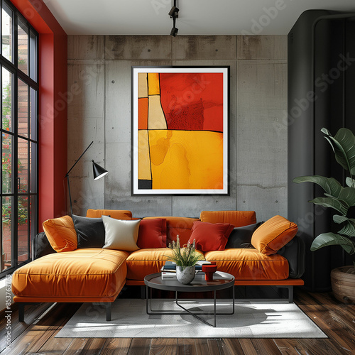 Furnished living room with wall painting. Generative AI