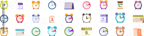 Spring forward icons set. Set of alarm clocks and calendars showing different times and dates of spring and summer for time management concept