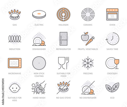 Utensil flat line icons set. Gas burner, induction stove, ceramic hob, non-stick coating, microwave, dishwasher vector illustrations. Thin signs for pan, dishes. Orange color. Editable Strokes