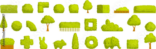 Hedge icons set. Gardener designing a beautiful green space with decorative shrubs, topiary and hedges