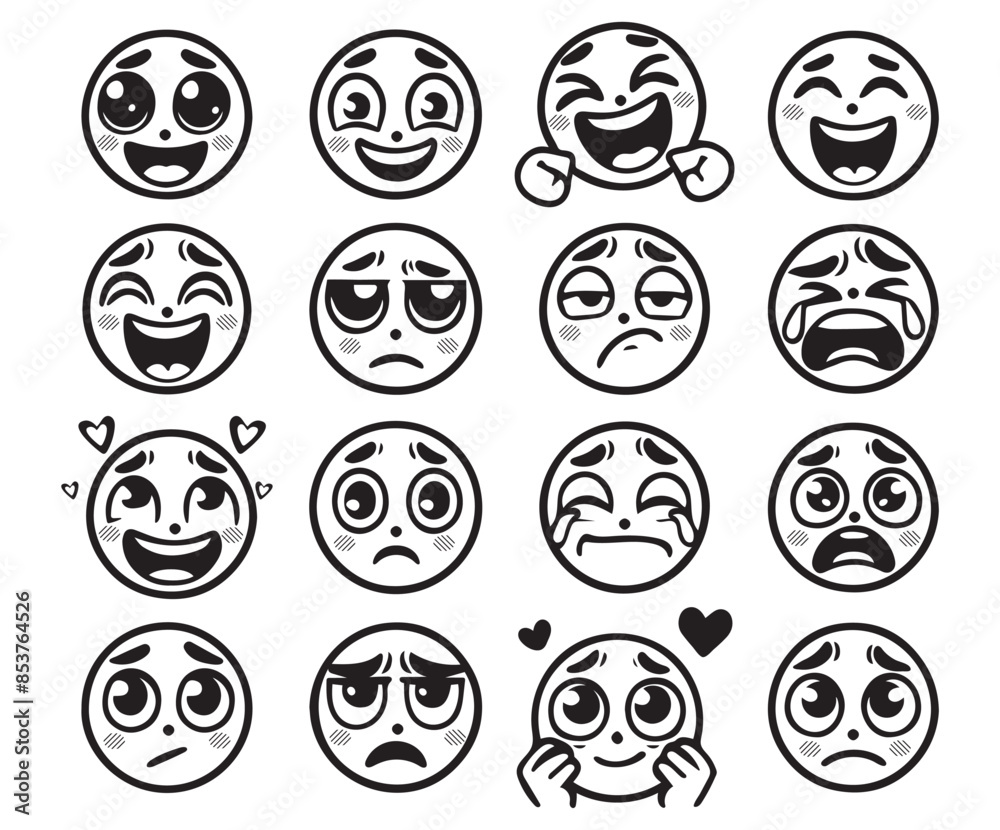 Naklejka premium a set of vector images with different emotions. black and white