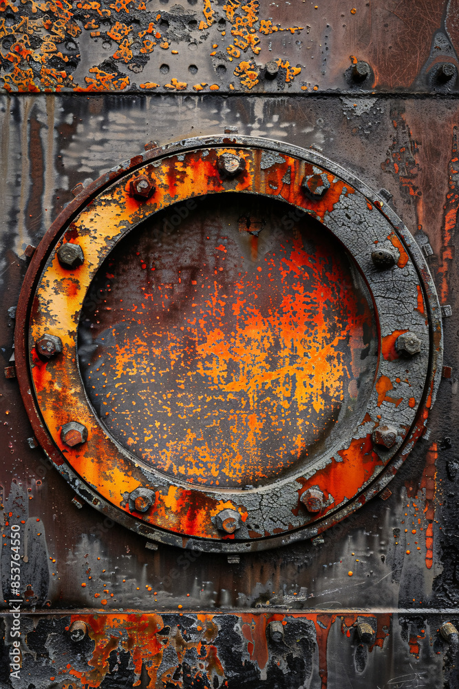 A weathered rusted circular metal surface with bolts showing heavy corrosion and patina A weathered rusted circular metal surface with bolts showing heavy corrosion and patina