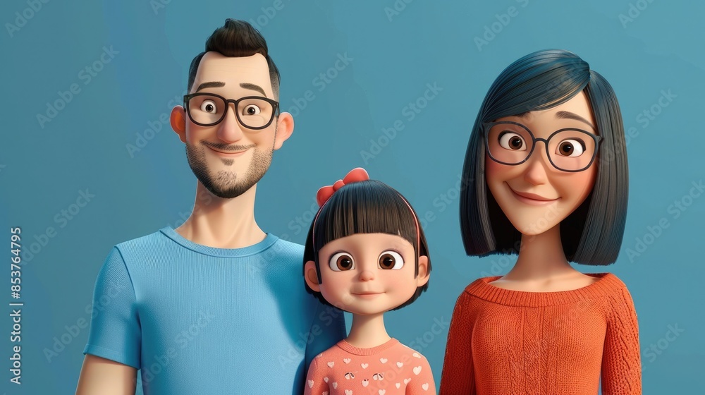 Illustration of a happy family of three, hug together, warm colors, closeup Illustration of a happy family of three, hug together, warm colors, closeup