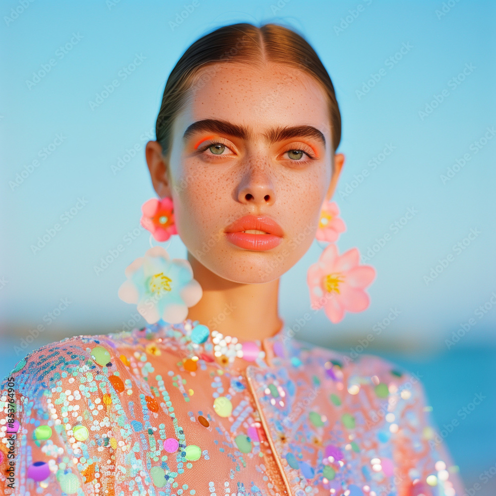 Fototapeta premium Elegant woman with floral earrings and sequin top at sunset. Vibrant summer fashion with a touch of sophistication.