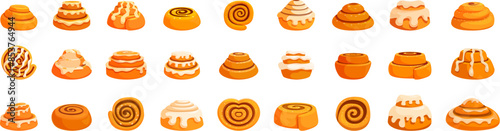 Cinnamon bun icons set. Freshly baked cinnamon rolls with white icing, perfect for a bakery menu or website