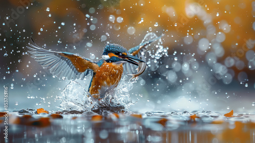 kingfisher bird successfully catches fish above the river water surface with water explosion and fish in the bird's beak on a soft blurred bokeh background © AstraNova
