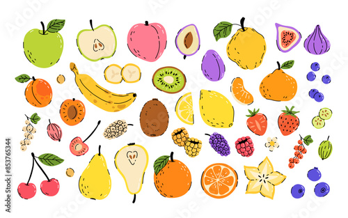 Set with hand drawn fruit doodles. Flat tropical set of banana, apple, pear, peach, strawberry, lemon, cherry, fig, quince, starfruit and some berries. Mulberry, raspberry, strawberry