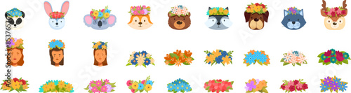 Flower crown icons set. Set of various cute animals and young women wearing flower crown with beautiful floral arrangement illustration