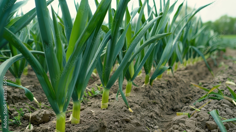 Obraz premium Close-up view of young leek plants growing in rich, fertile soil in a cultivated agricultural field