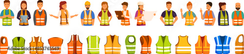 Safety vest icons set. Diverse group of professionals wearing high visibility reflective safety vests standing and holding construction tools