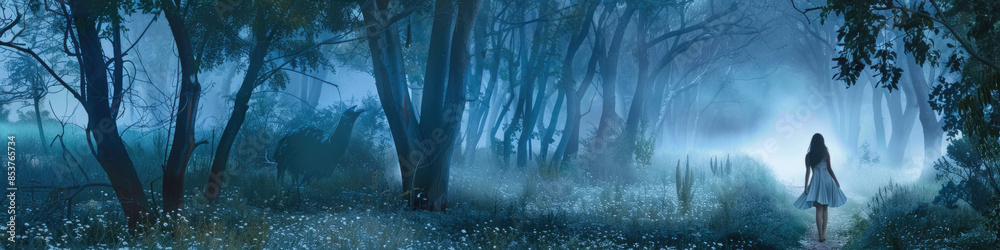 A woman walks alone through a foggy forest, the light fading as she ventures deeper A woman walks alone through a foggy forest, the light fading as she ventures deeper