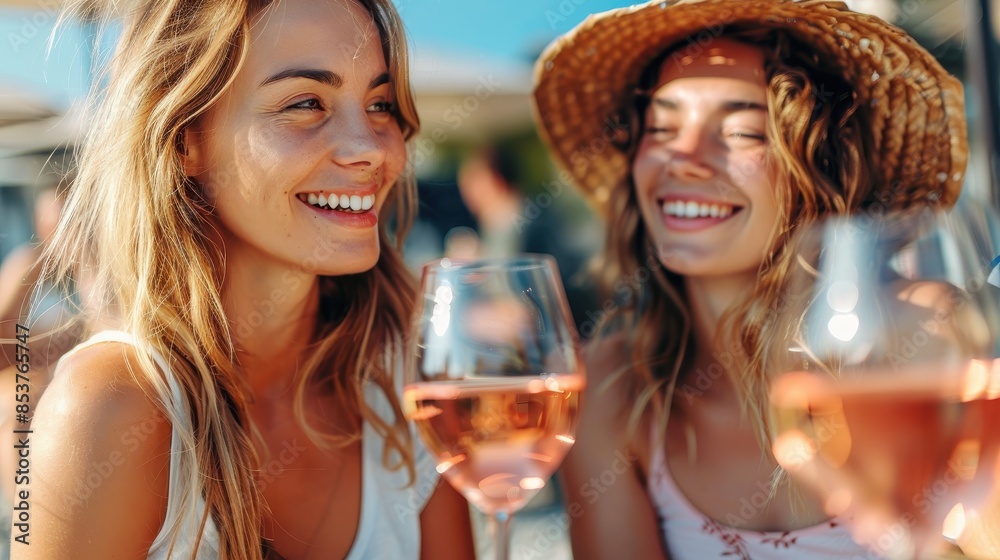 Two smiling women in casual attire enjoying glasses of rosé wine at a sunny outdoor gathering Two smiling women in casual attire enjoying glasses of rosé wine at a sunny outdoor gathering