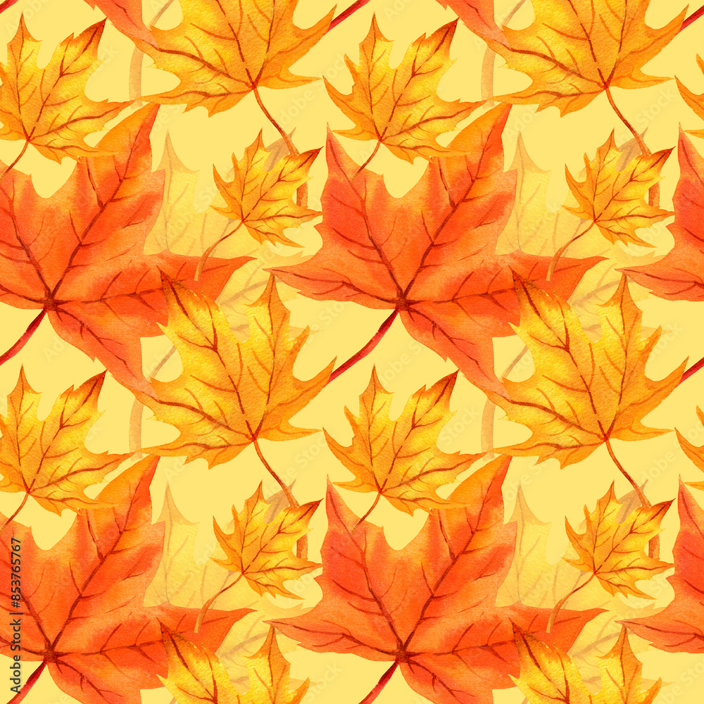 Fototapeta premium watercolor seamless pattern with autumn leaves, orange maple leaves, hand drawn illustration of yellow and orange autumn leaves, sketch pastel yellow background, for autumn posters