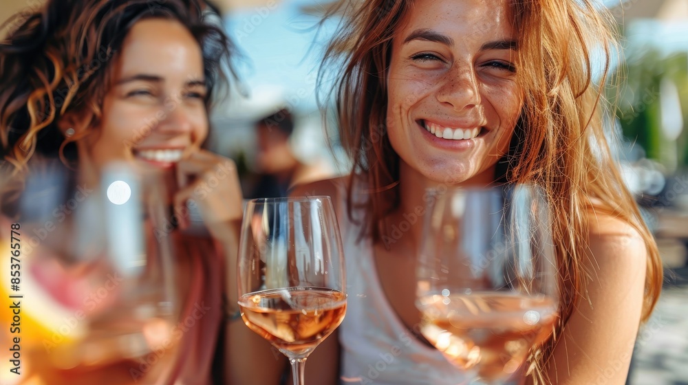 Close-up of two friends toasting with wine glasses, focusing on laughter and enjoyment Close-up of two friends toasting with wine glasses, focusing on laughter and enjoyment