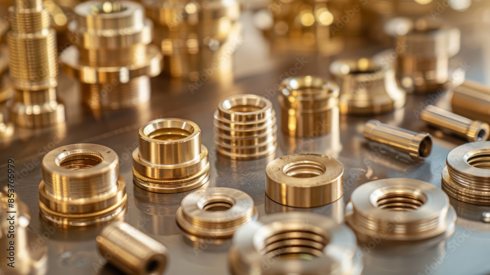 Various brass fittings displayed on a reflective surface Various brass fittings displayed on a reflective surface