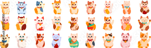 Maneki icons set. Set of adorable beckoning cats in different colors and styles, a popular japanese figurine believed to attract good fortune and prosperity