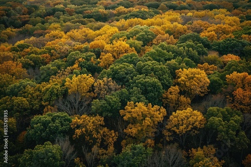 Aerial view of a forest in autumn, showcasing vibrant fall foliage with a mix of green, yellow, and orange trees. Beautiful natural landscape.