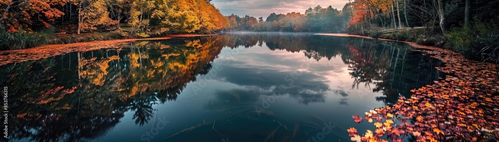 Serene autumn landscape with vibrant foliage reflecting on a tranquil lake at sunset, providing a peaceful and picturesque view of nature.