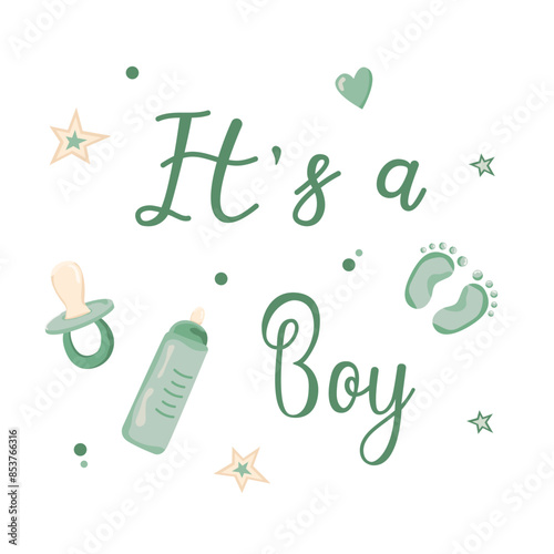 Hand drawn greeting card for the birth of a Boy. Vector invitation card template for baby gender reveal party. Color illustration with newborn items on a white background.
