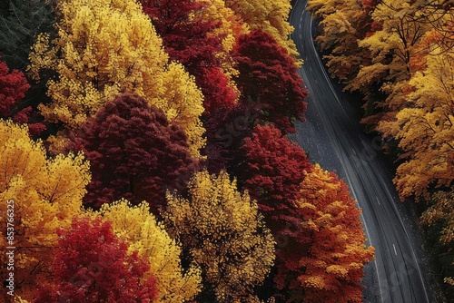 Aerial view of a winding road through a vibrant autumn forest with colorful foliage in shades of red, orange, and yellow. © Thamonchanok