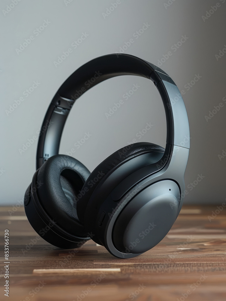 Black wireless over-ear headphones on a wooden surface Black wireless over-ear headphones on a wooden surface